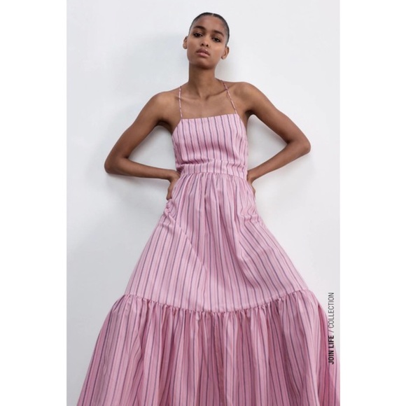 Zara Striped Strappy Poplin Maxi Dress Pink S - Picture 3 of 11